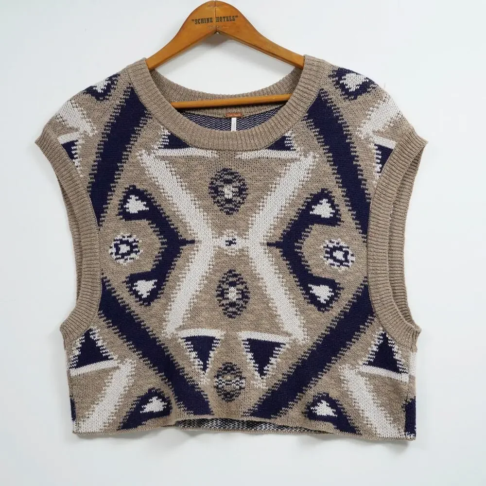 Free People Cyprus Geometric Sweater Vest XS Oversized Boho Knit Pullover
